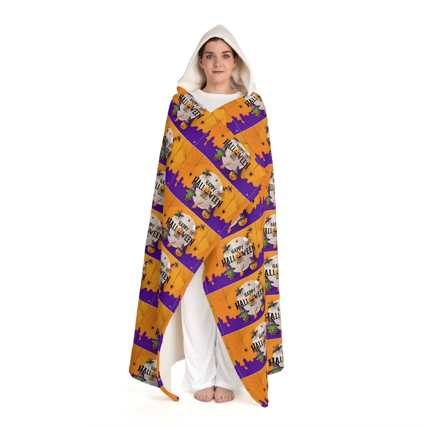 Frankenstein Hooded Sherpa Fleece Blanket Orange Purple Halloween Party