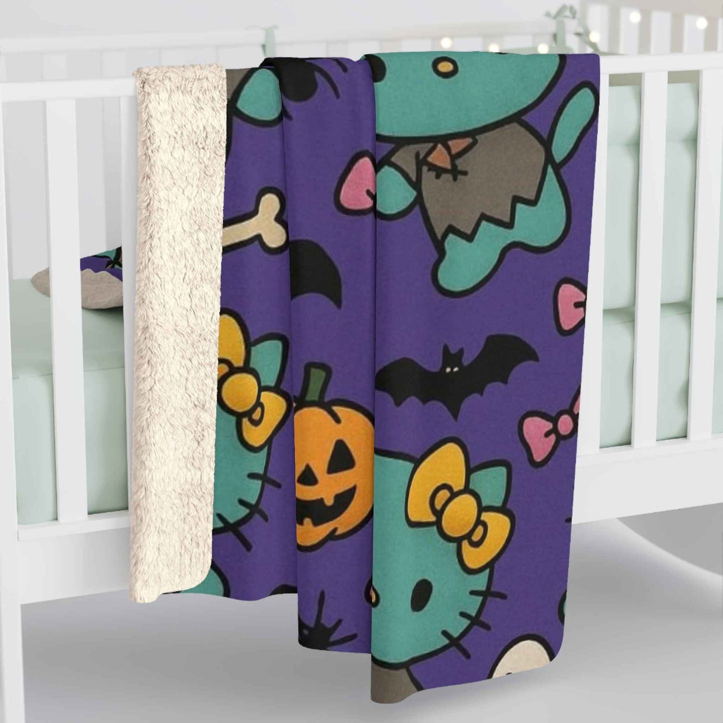 Sherpa Fleece Blanket - Frankenstein Hello Kitty blanket for spooky Home Decor - Hello Kittyy Blanket Store