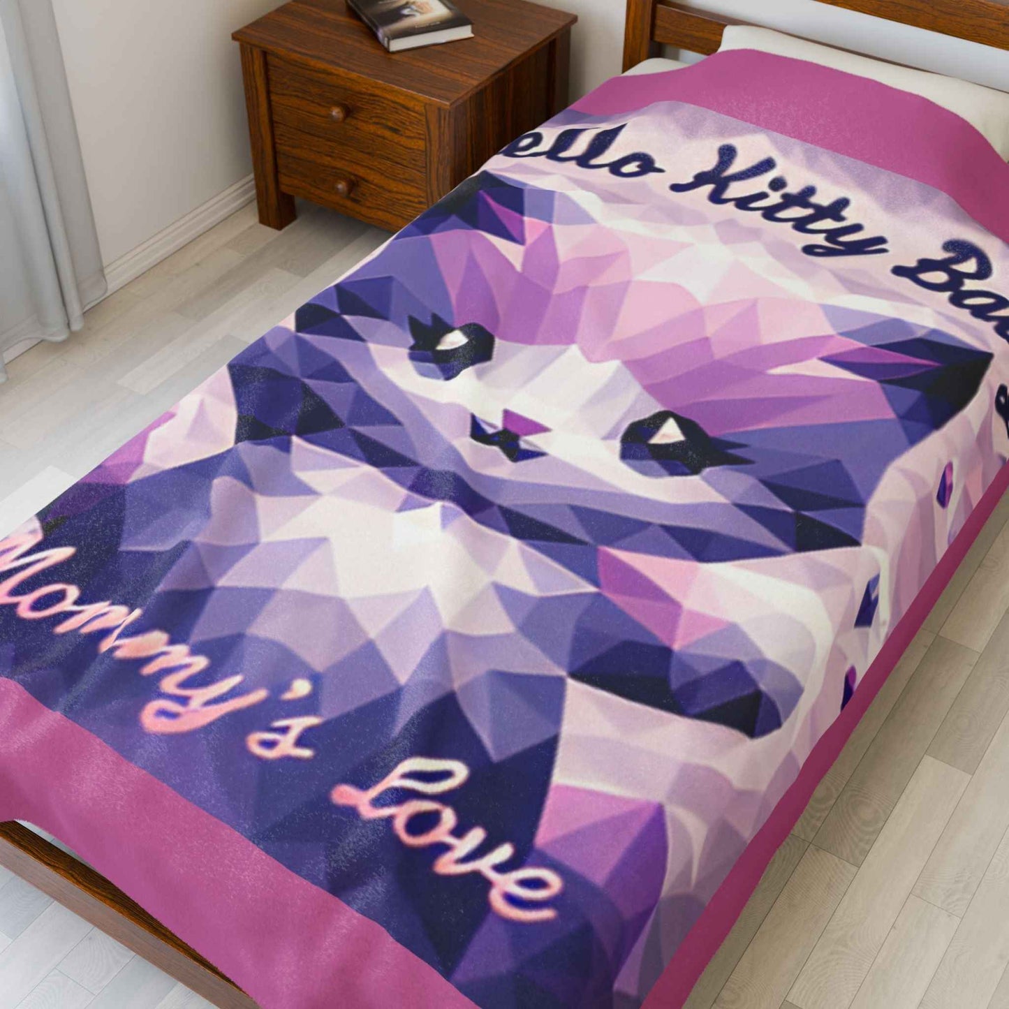 Velveteen Plush Blanket - Hello Kitty Baby Mommy's Love Purple Cat Image - Hello Kittyy Blanket Store