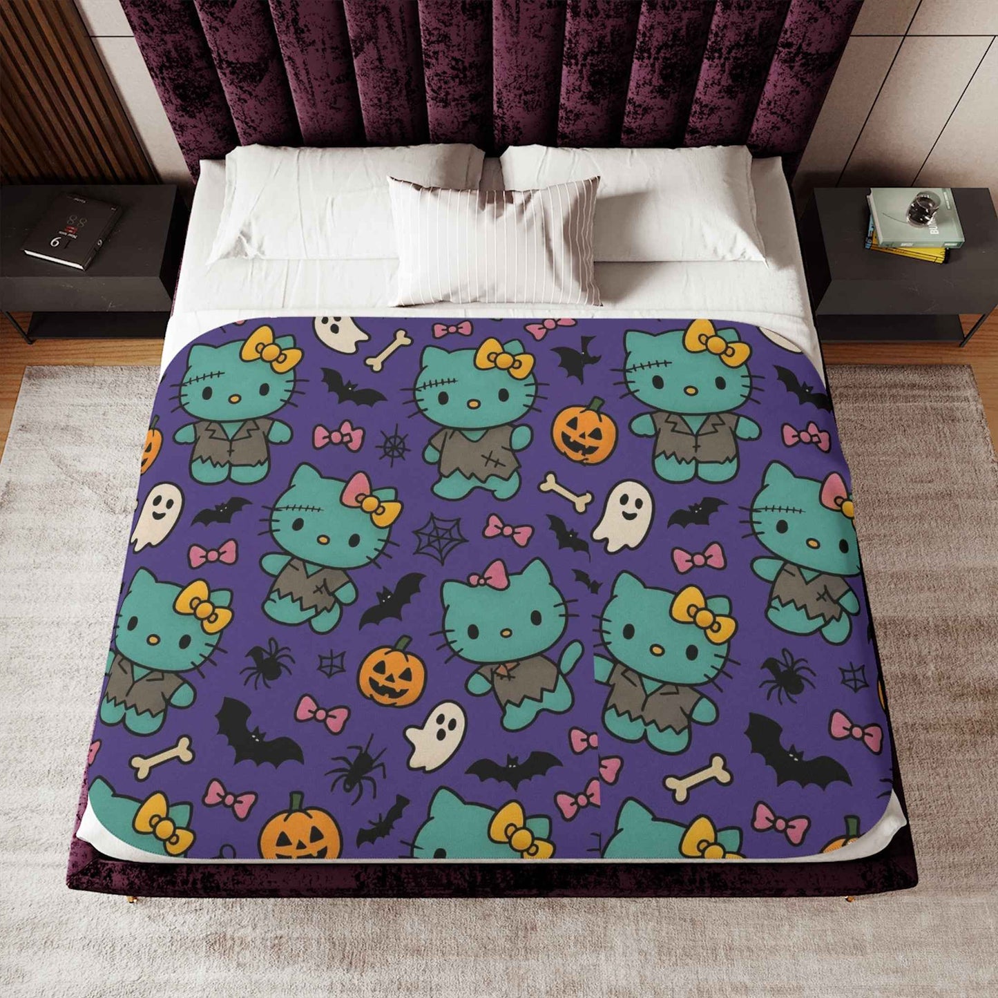 Sherpa Blanket, Frankenstein Halloween blanket purple - Hello Kittyy Blanket Store