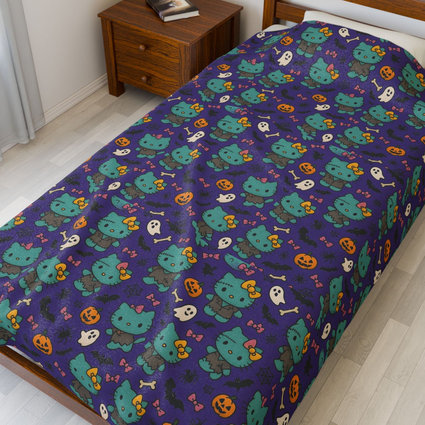 Halloween Cat Velveteen Plush Blanket purple - Hello Kittyy Blanket Store