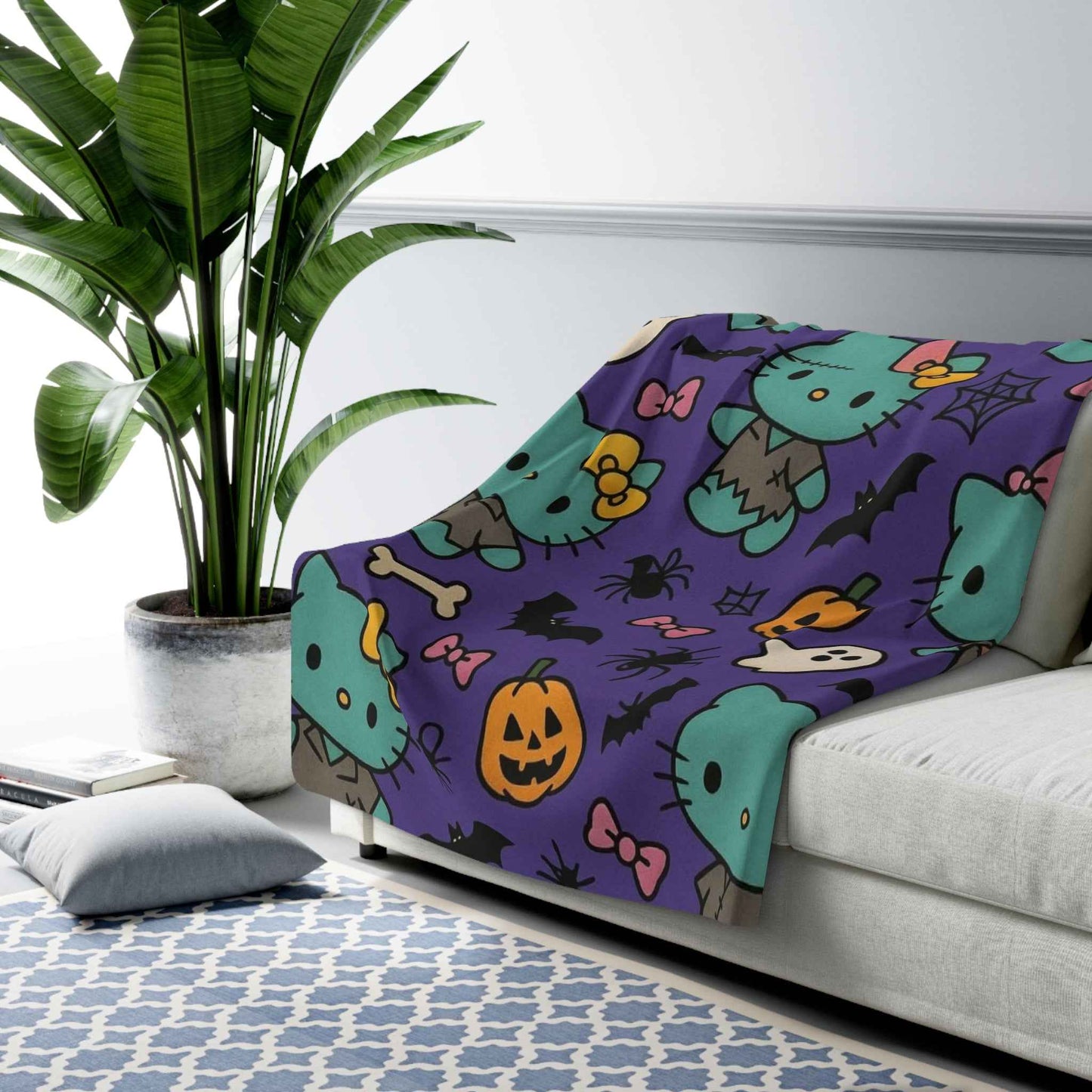 Sherpa Fleece Blanket - Frankenstein Hello Kitty blanket for spooky Home Decor - Hello Kittyy Blanket Store