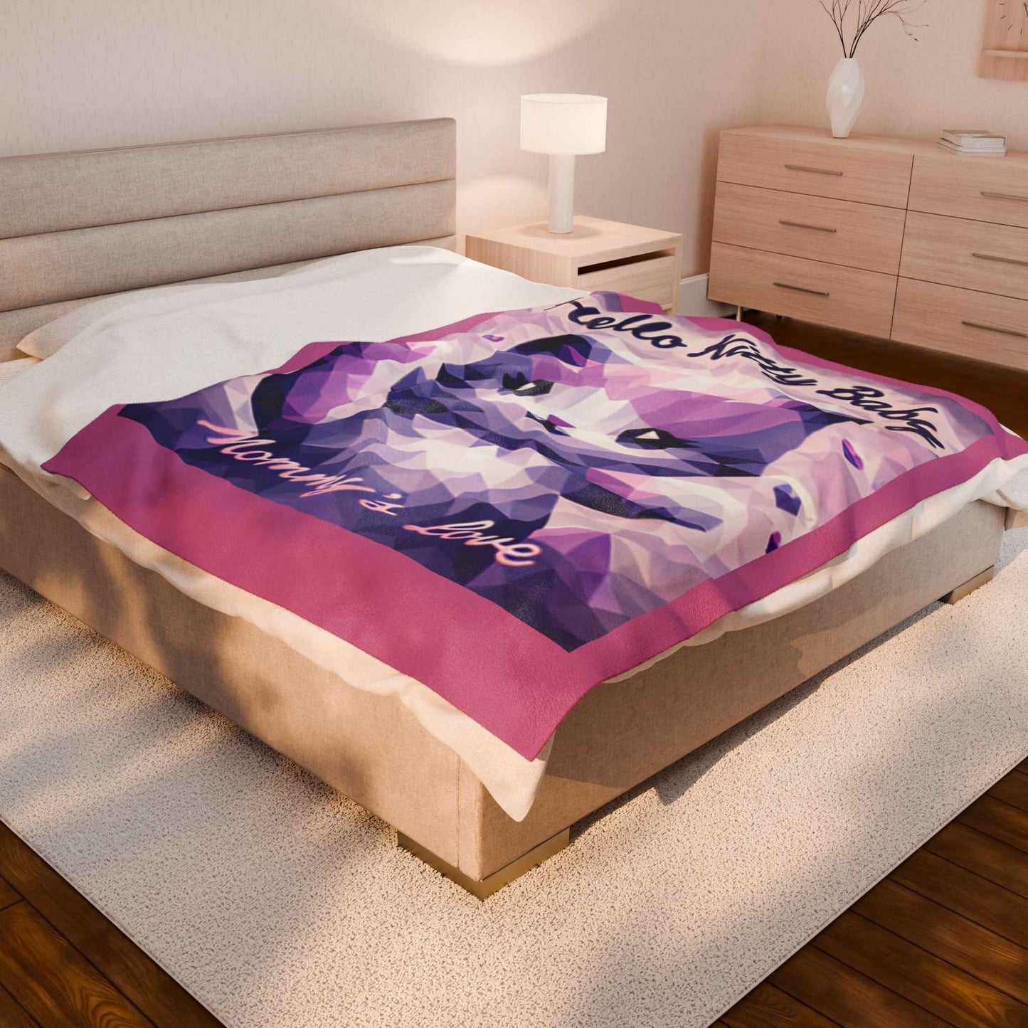 Velveteen Plush Blanket - Hello Kitty Baby Mommy's Love Purple Cat Image - Hello Kittyy Blanket Store