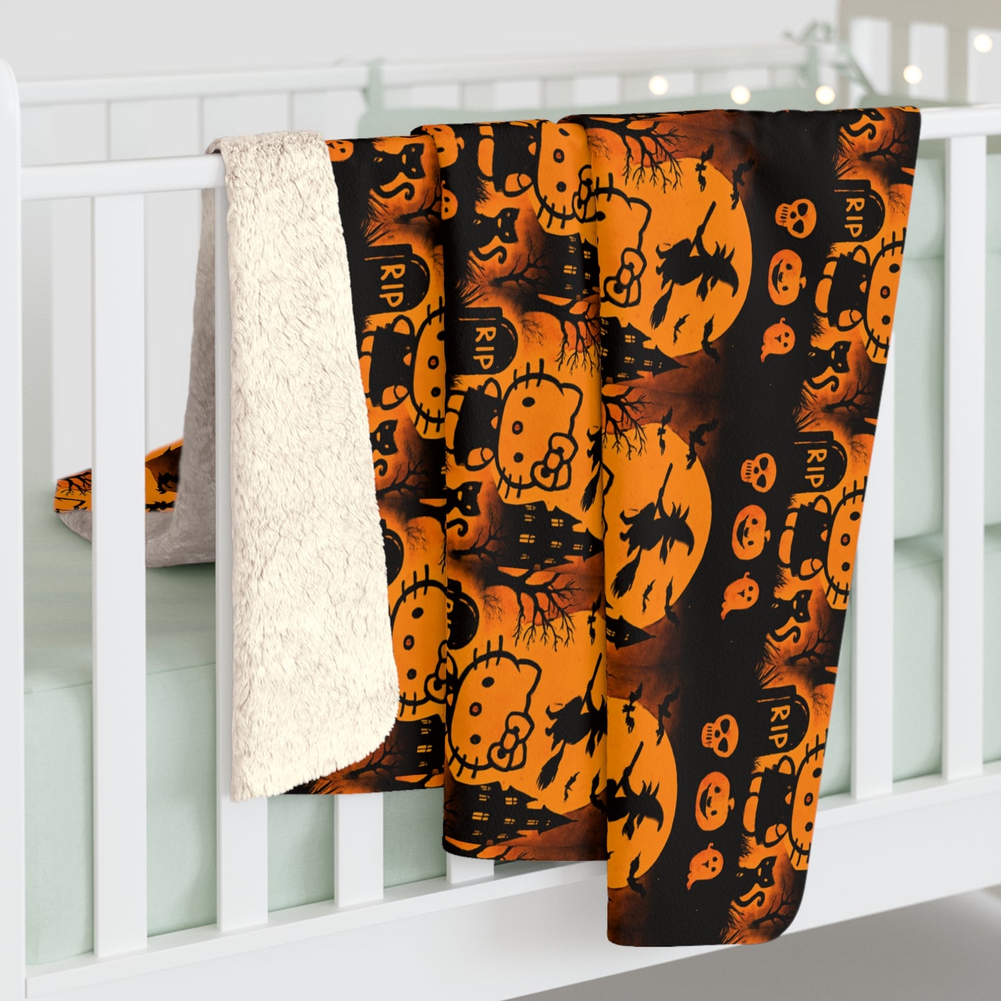 Sherpa Blanket - Hello Kitty Orange Black Halloween Decor sanrio