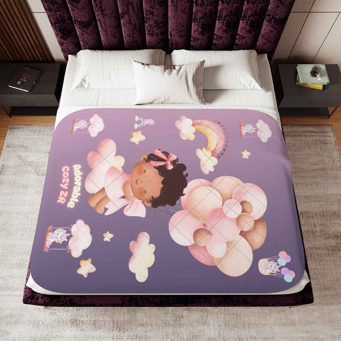 Sherpa Blanket Unicorn Gradient Violet Flying Baby Balloons - Hello Kittyy Blanket Store