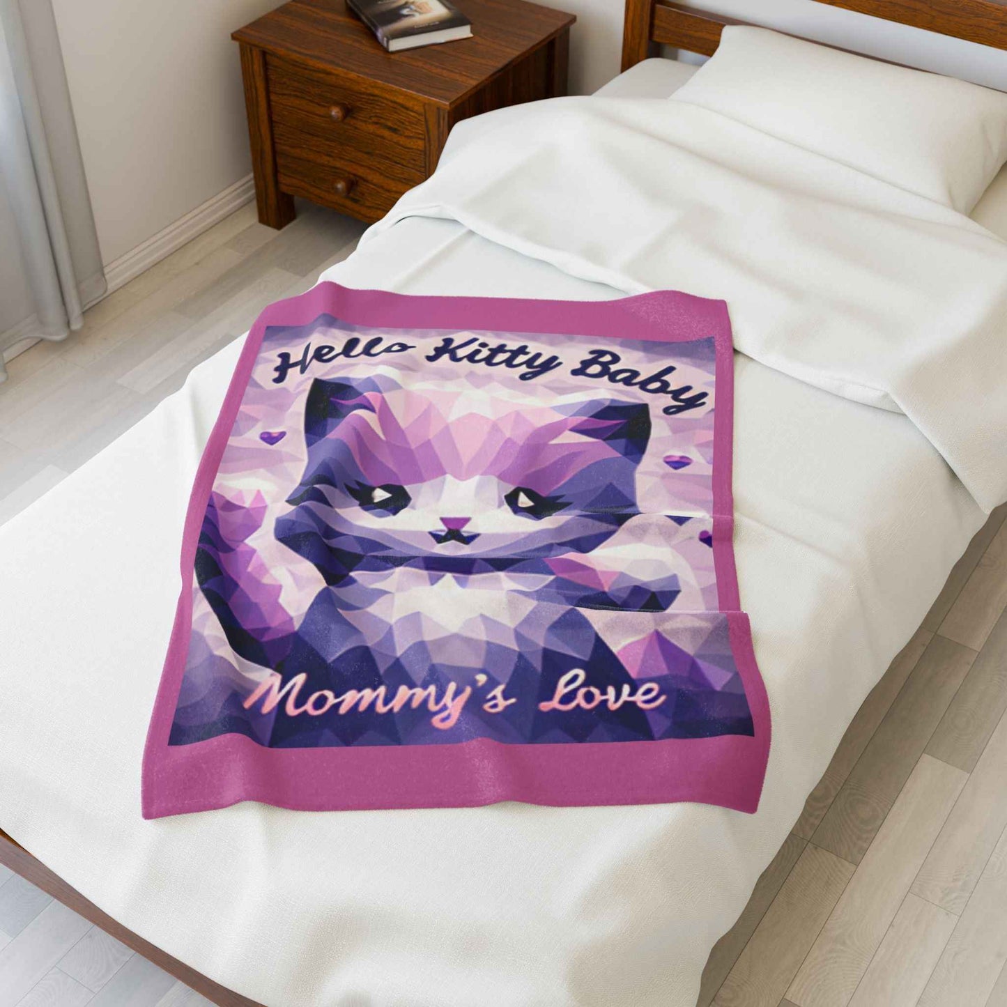 Velveteen Plush Blanket - Hello Kitty Baby Mommy's Love Purple Cat Image - Hello Kittyy Blanket Store
