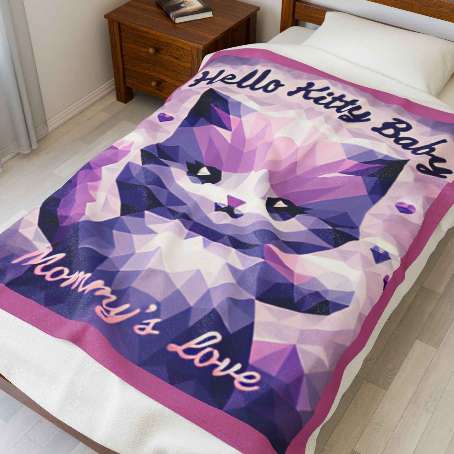 Velveteen Plush Blanket - Hello Kitty Baby Mommy's Love Purple Cat Image - Hello Kittyy Blanket Store