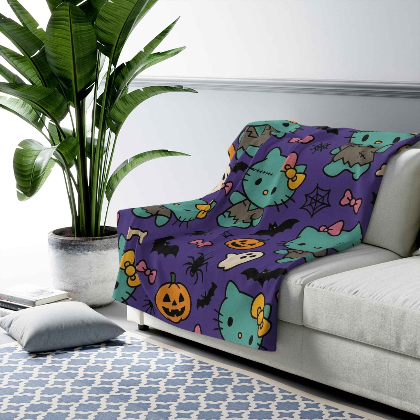 Sherpa Fleece Blanket - Frankenstein Hello Kitty blanket for spooky Home Decor - Hello Kittyy Blanket Store