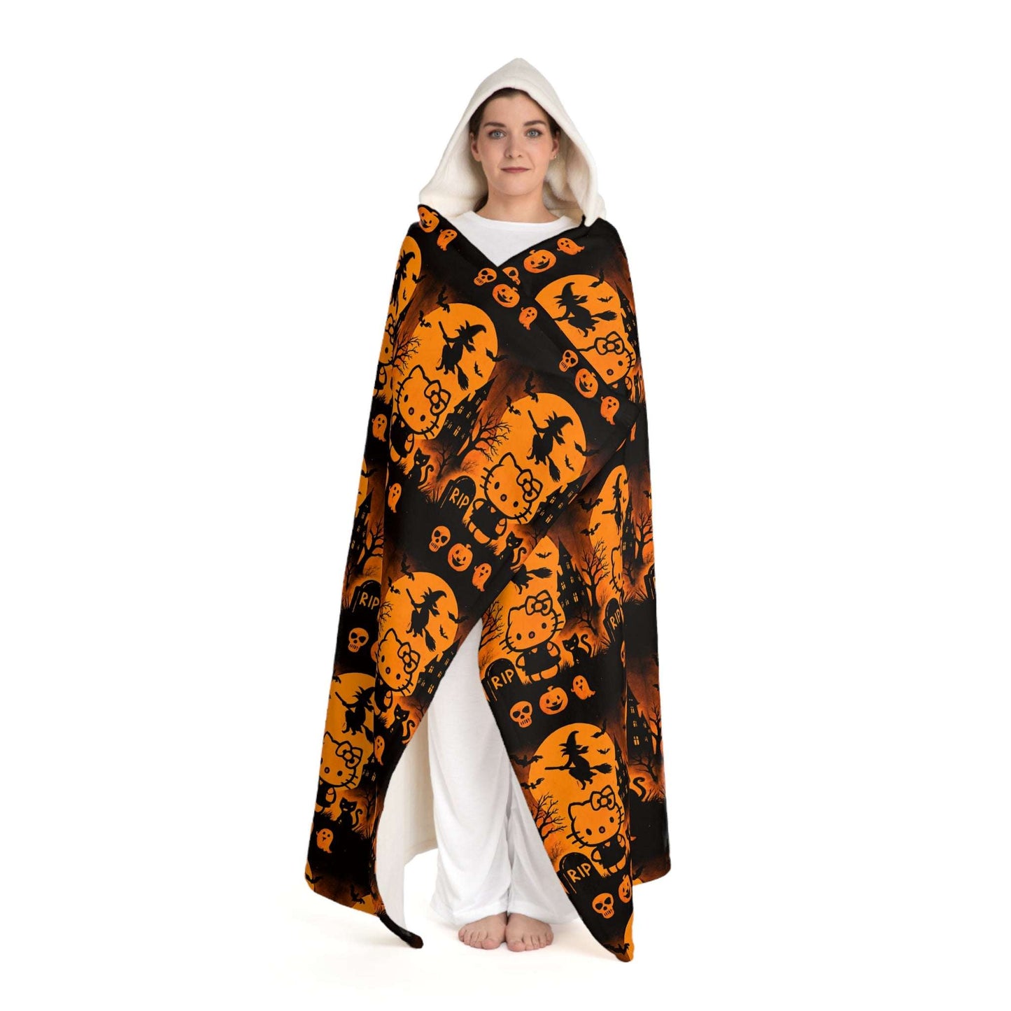 Halloween Hello Kitty Hooded Sherpa Fleece Blanket| orange