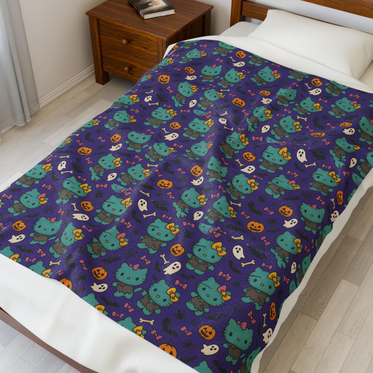 Halloween Cat Velveteen Plush Blanket purple - Hello Kittyy Blanket Store
