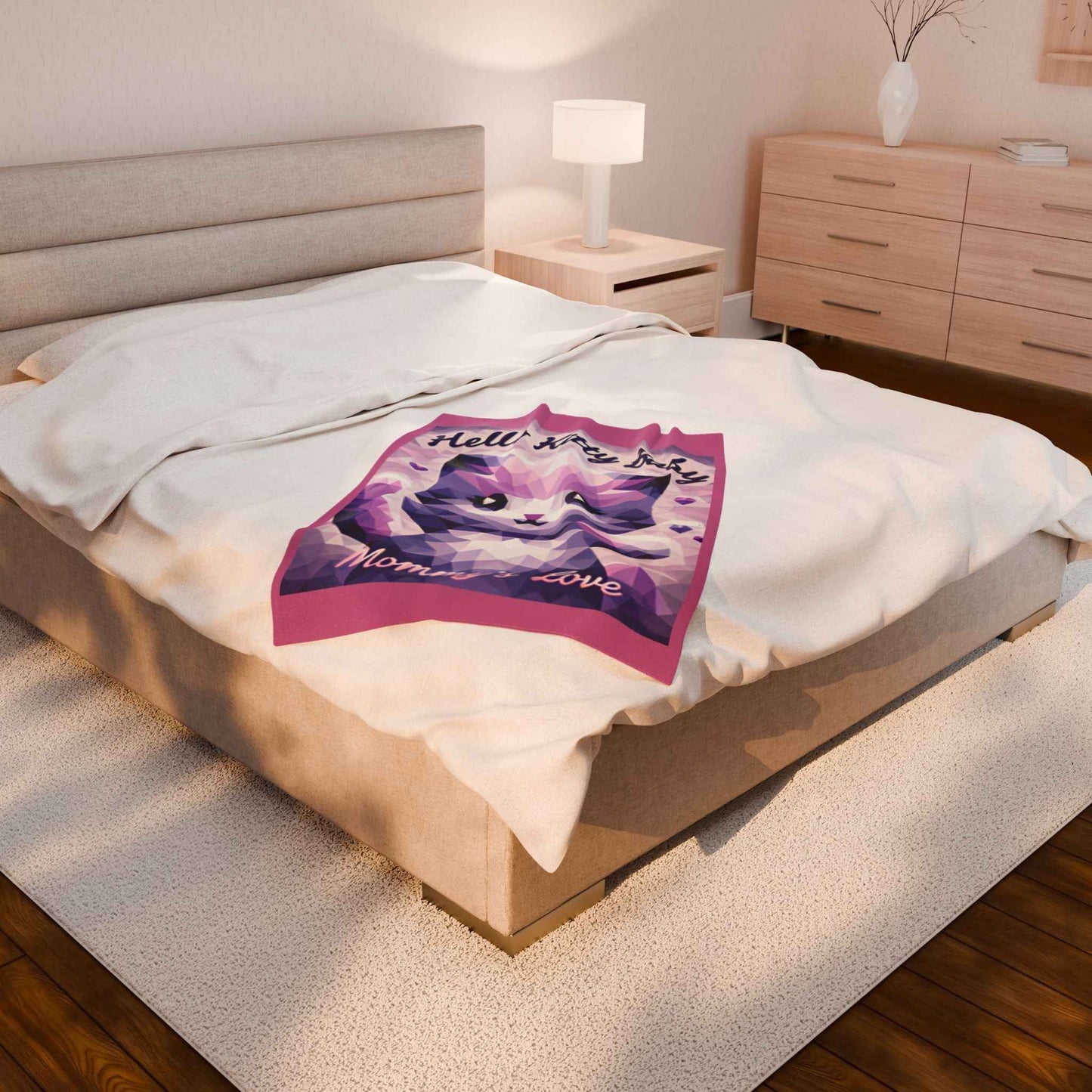 Velveteen Plush Blanket - Hello Kitty Baby Mommy's Love Purple Cat Image - Hello Kittyy Blanket Store