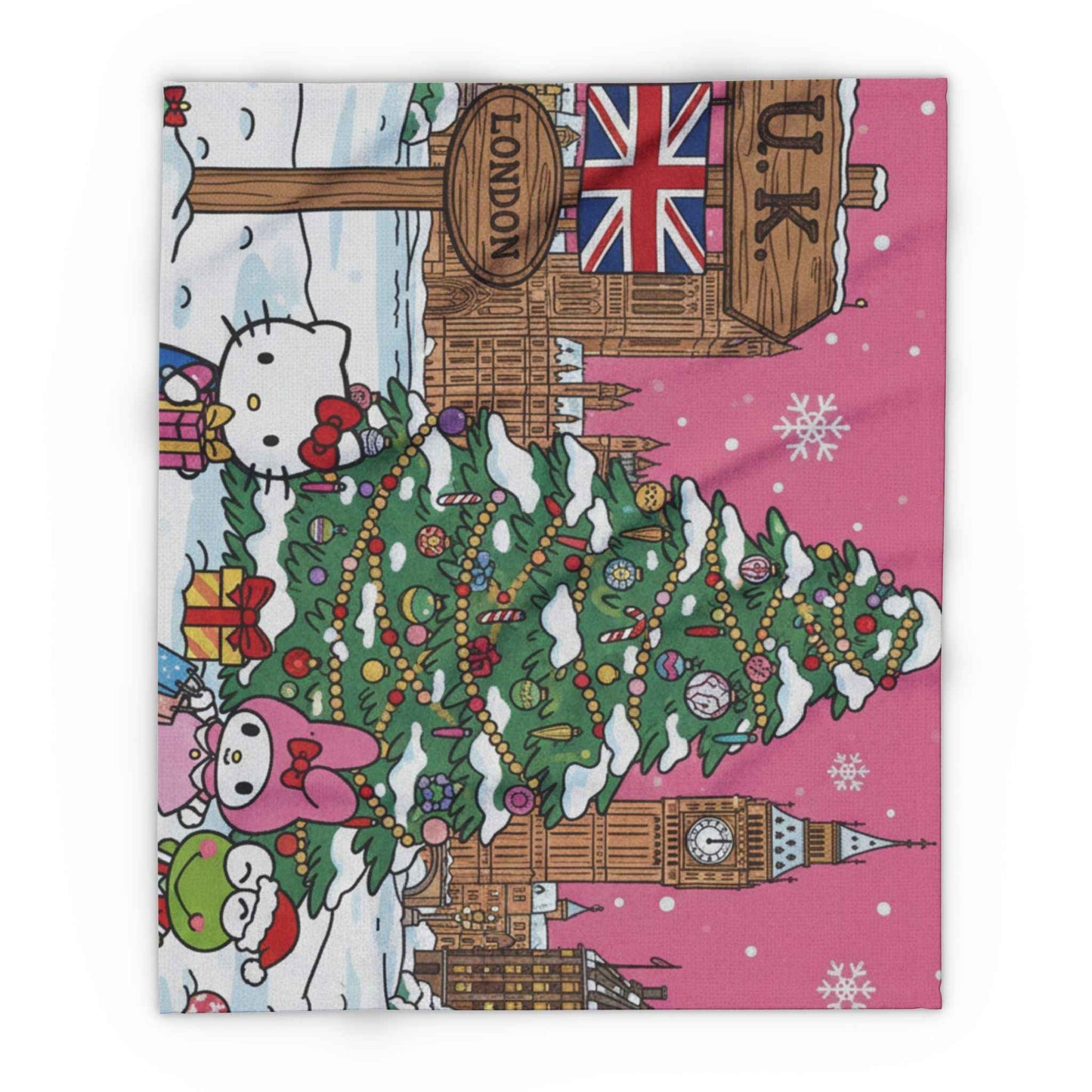 Hello Kitty London Christmas Arctic Fleece Blanket — Cute Holiday Tree & Snowy Big Ben Throw