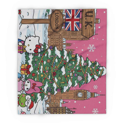 Hello Kitty London Christmas Arctic Fleece Blanket — Cute Holiday Tree & Snowy Big Ben Throw