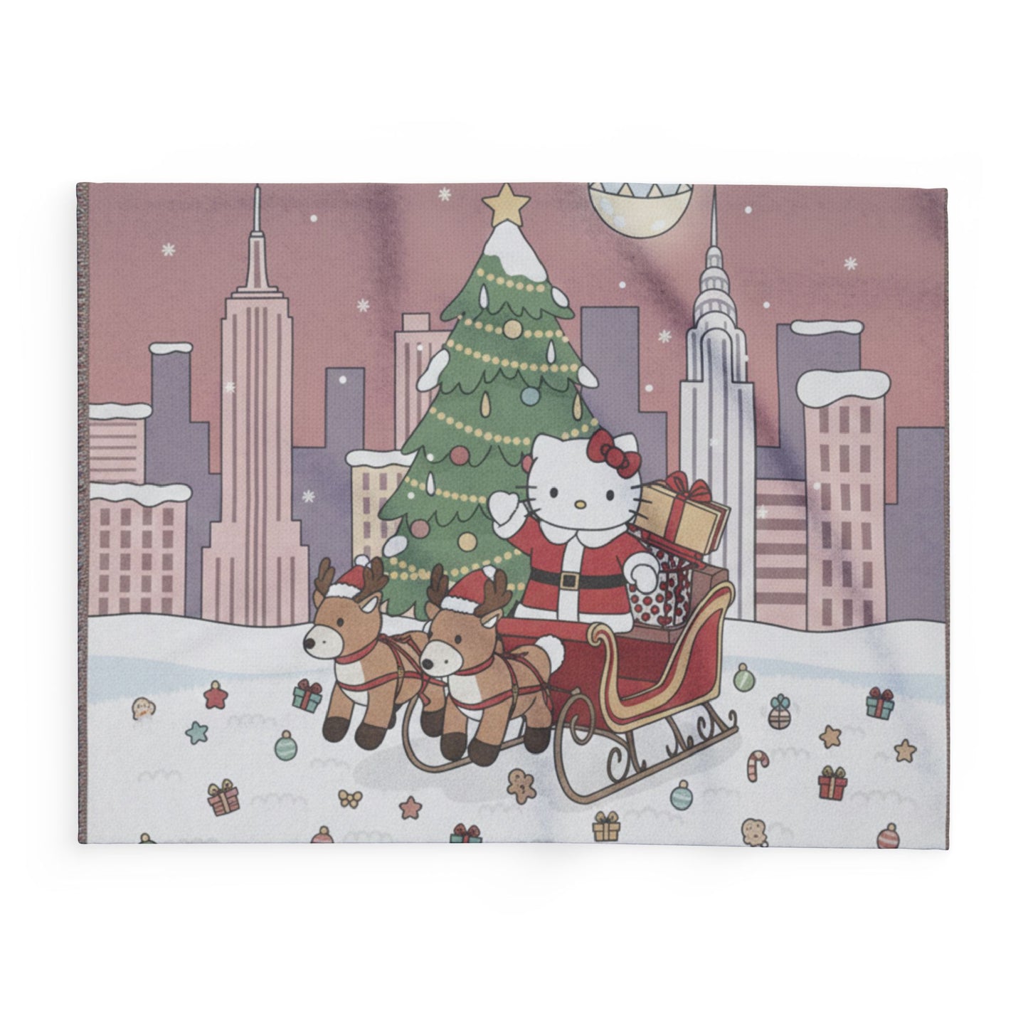 Hello Kitty Santa Sleigh Fleece Blanket – Cute Christmas Tree Holiday Throw
