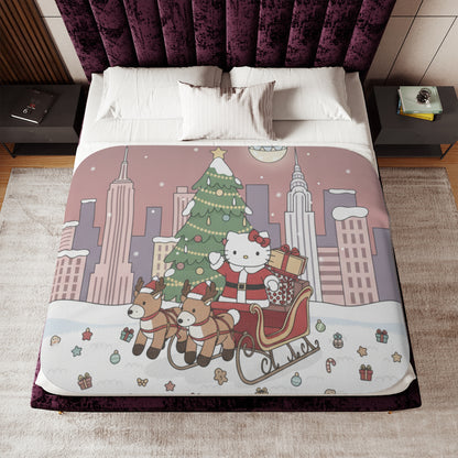 Christmas Kitty Sherpa Blanket — Festive Reindeer Sleigh Throw