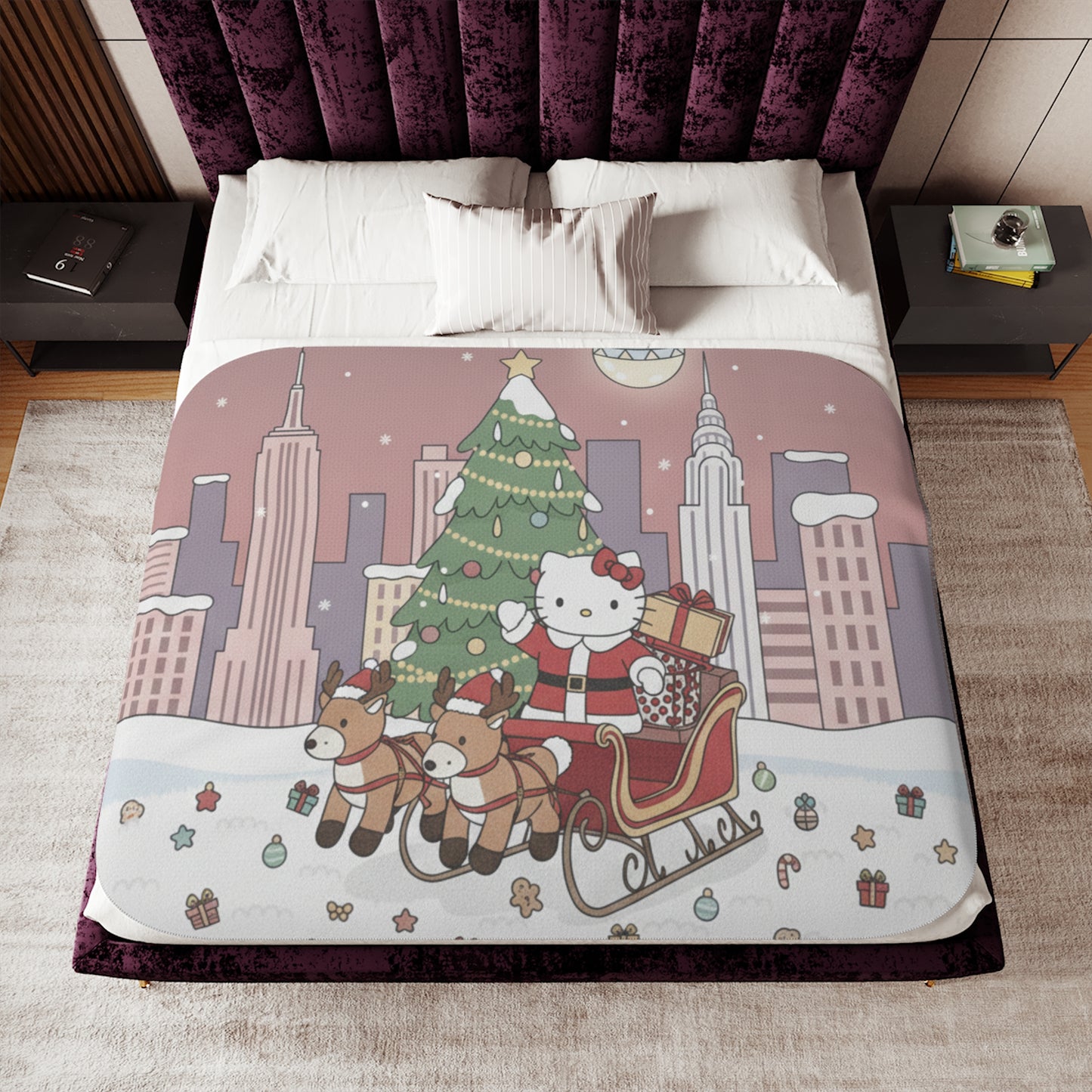 Christmas Kitty Sherpa Blanket — Festive Reindeer Sleigh Throw