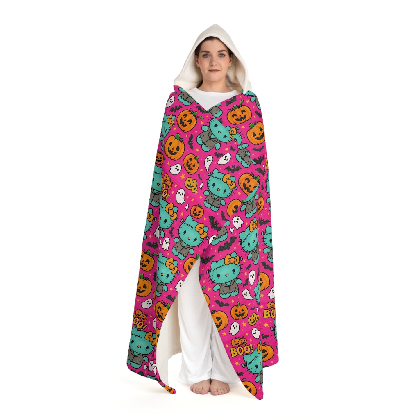 Hooded Sherpa Fleece Blanket - Pink Frankenstein Halloween Lover Gift