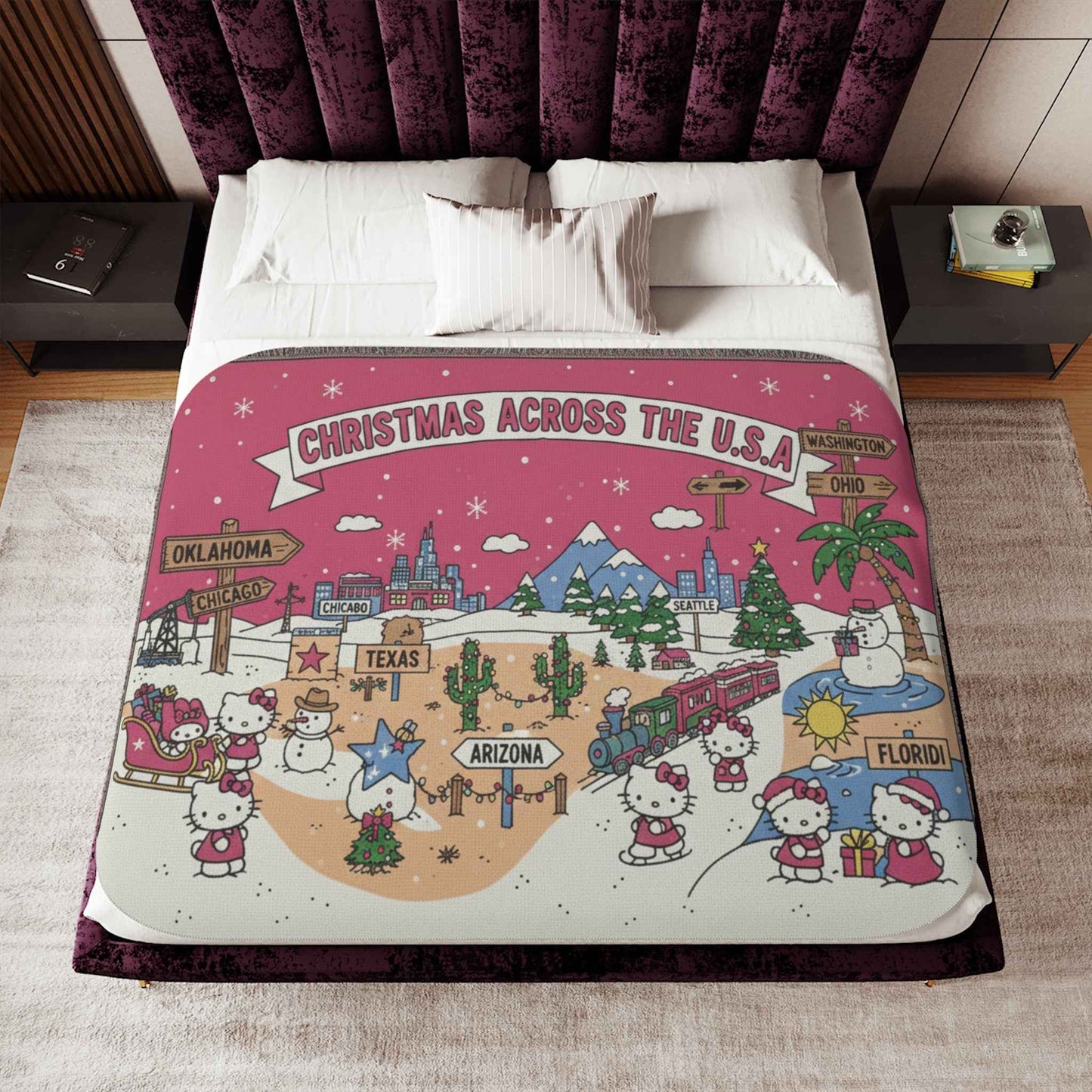 Hello Kitty Pink Christmas Sherpa Blanket — Two-Tone Cozy Throw (Across USA)