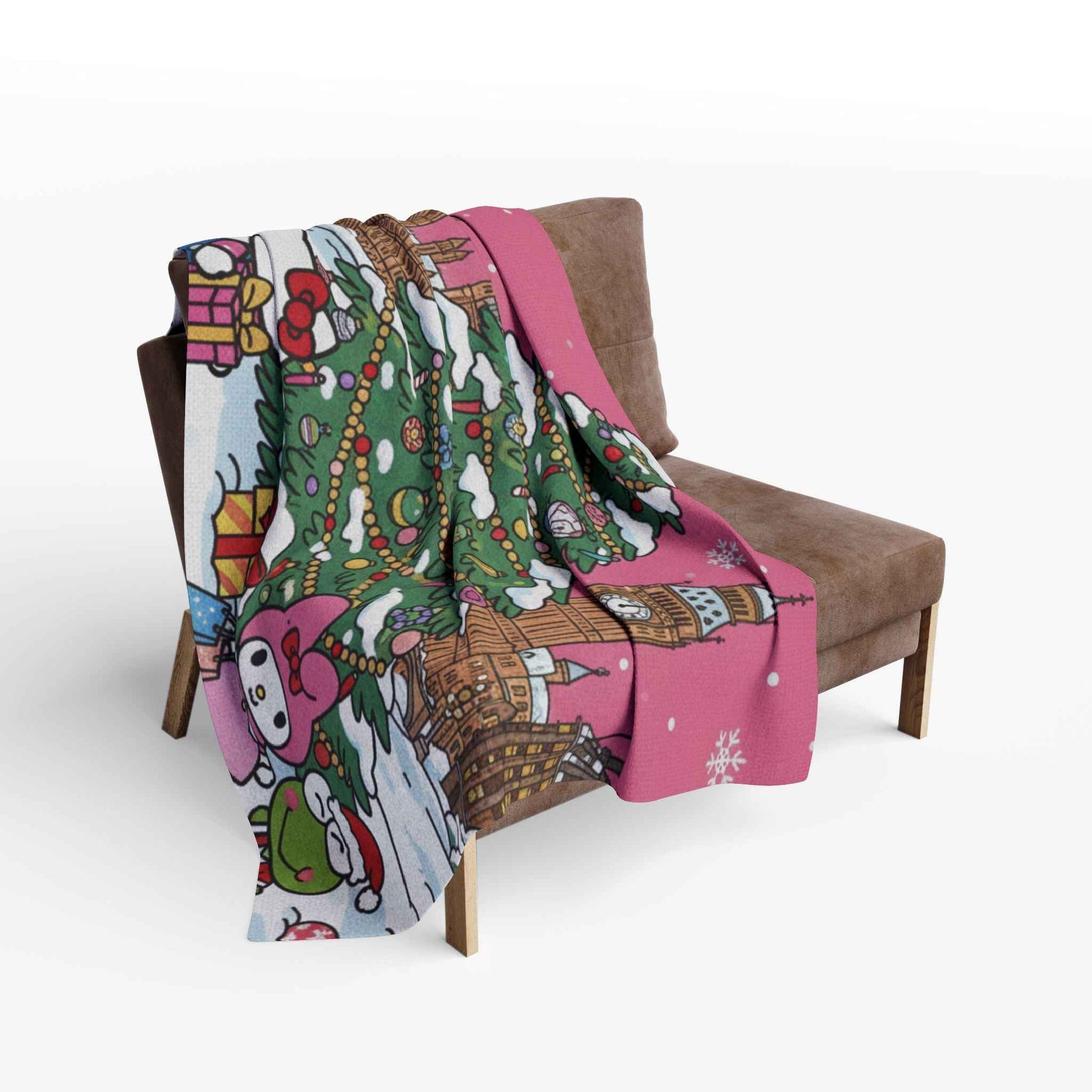 Hello Kitty London Christmas Arctic Fleece Blanket — Cute Holiday Tree & Snowy Big Ben Throw