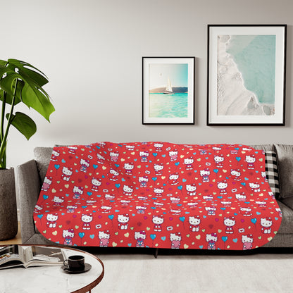 Hello Kitty Red Pattern Sherpa Blanket — Cozy Reversible Throw red blue hearts