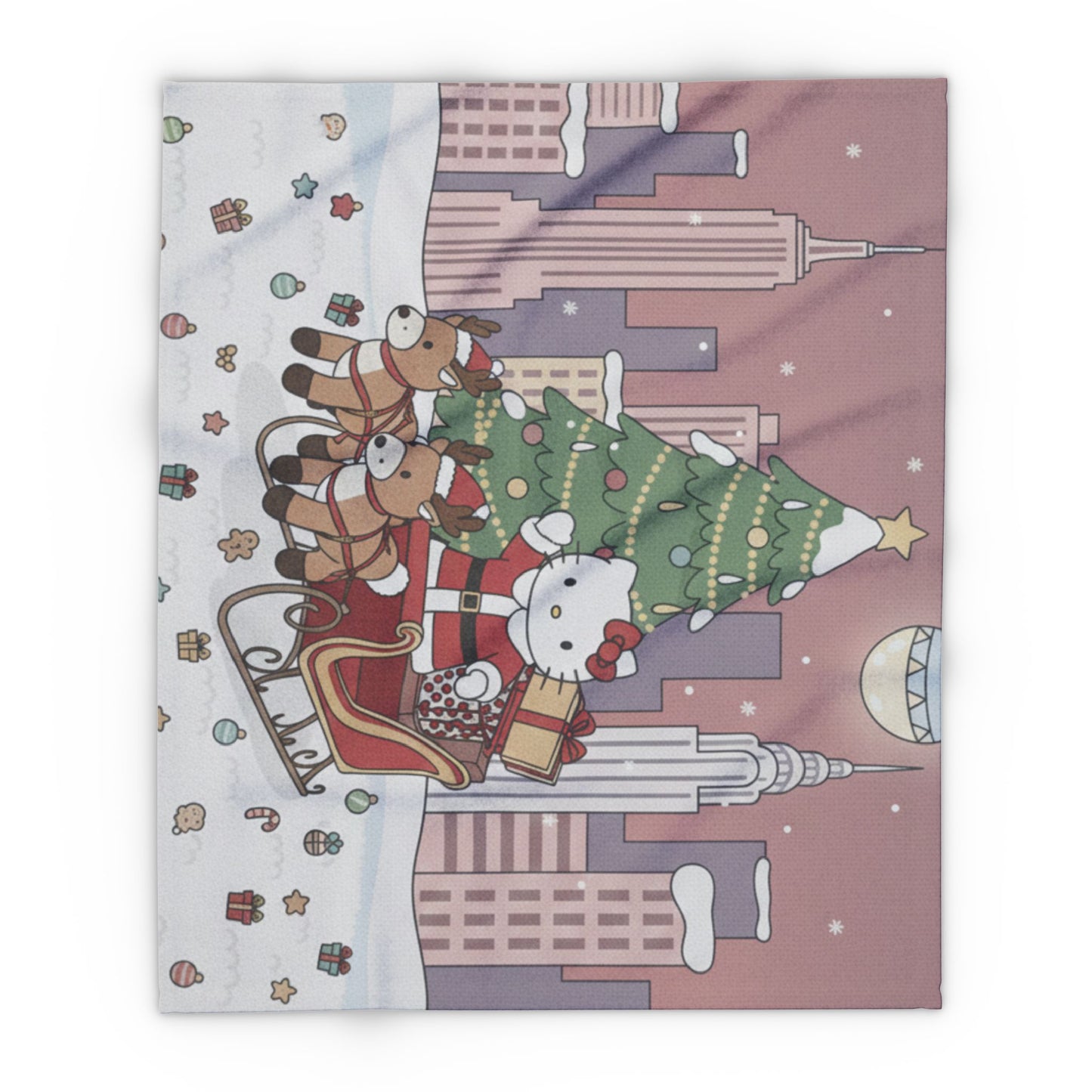 Hello Kitty Santa Sleigh Fleece Blanket – Cute Christmas Tree Holiday Throw