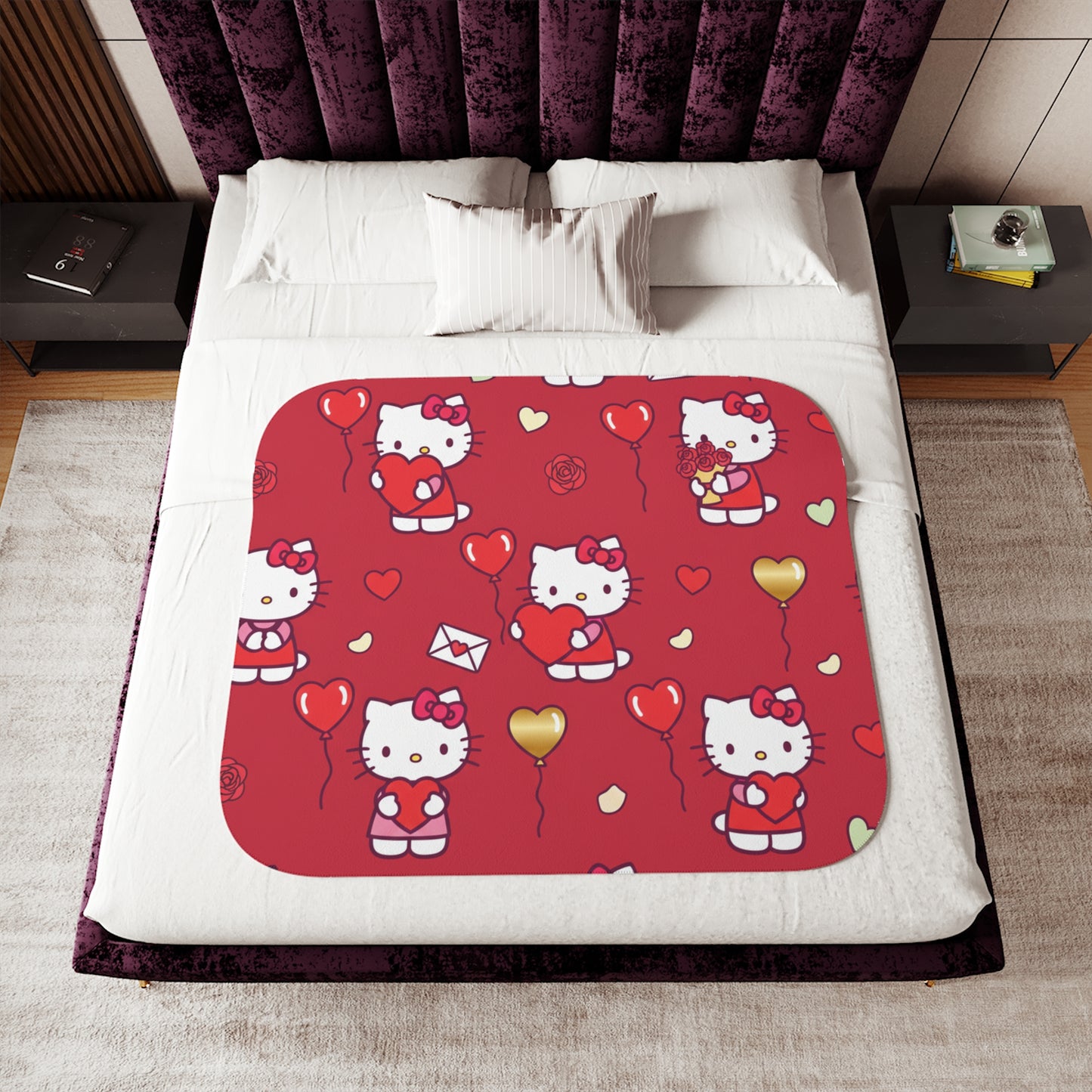 Hello Kitty Valentine Sherpa Blanket — Reversible Red Patterned & Cozy Beige