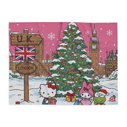Hello Kitty London Christmas Arctic Fleece Blanket — Cute Holiday Tree & Snowy Big Ben Throw