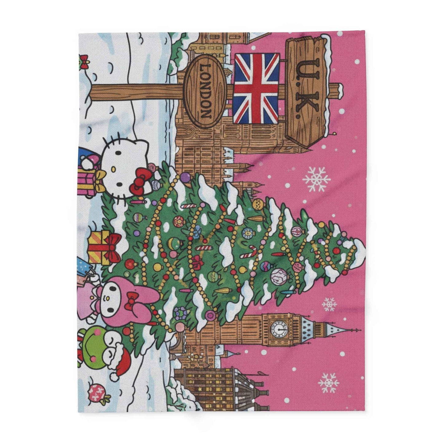 Hello Kitty London Christmas Arctic Fleece Blanket — Cute Holiday Tree & Snowy Big Ben Throw