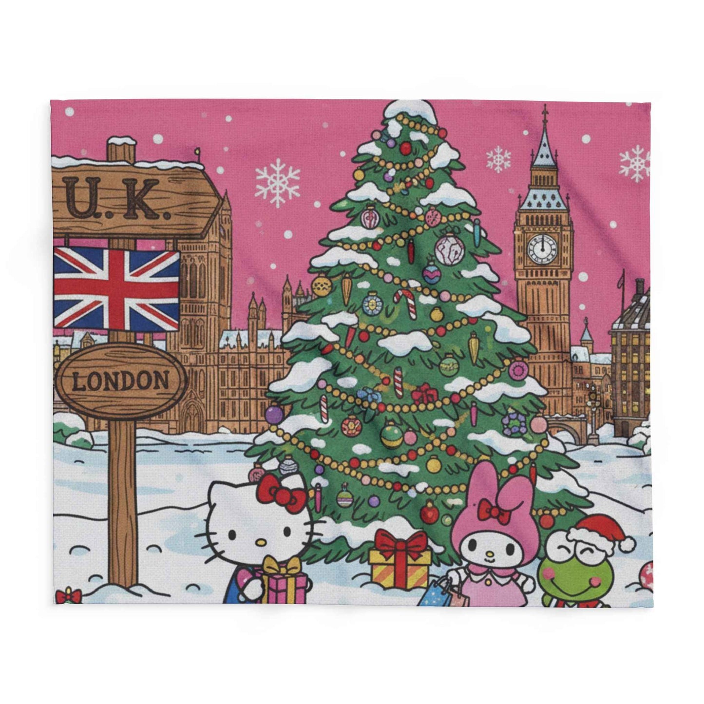 Hello Kitty London Christmas Arctic Fleece Blanket — Cute Holiday Tree & Snowy Big Ben Throw