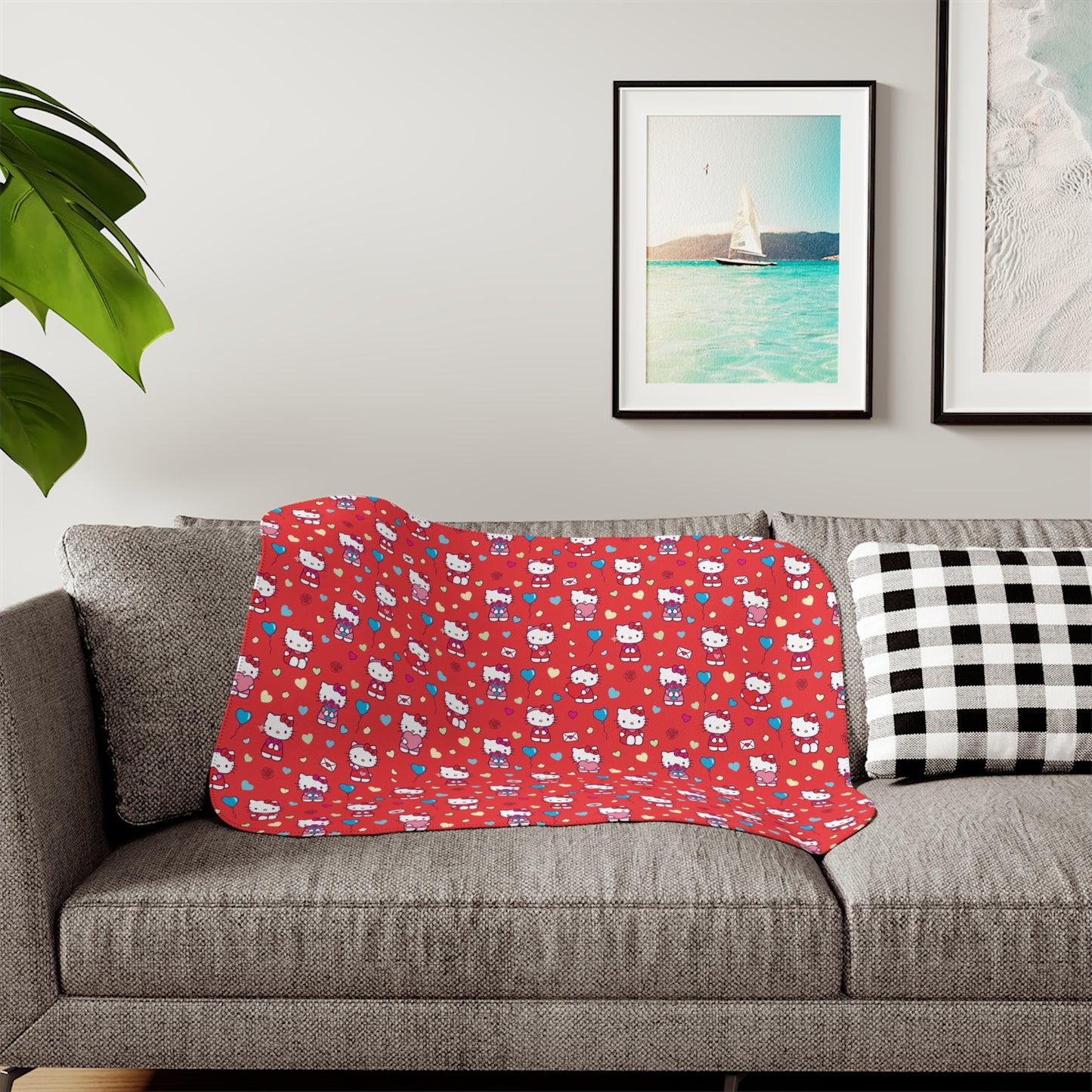 Hello Kitty Red Pattern Sherpa Blanket — Cozy Reversible Throw red blue hearts