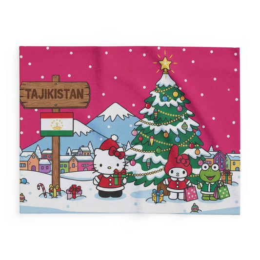 Tajikistan Holiday Fleece Blanket — Cute Winter Kitty & Friends Christmas Throw
