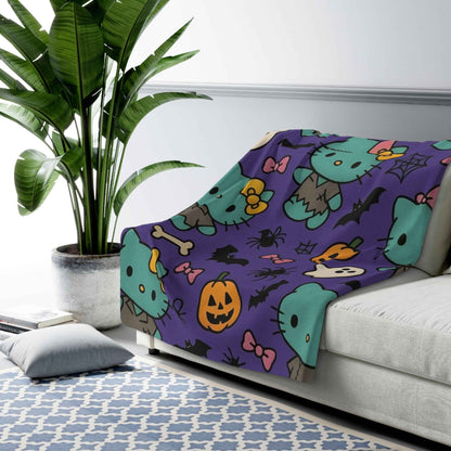 Sherpa Fleece Blanket - Frankenstein Hello Kitty blanket for spooky Home Decor - Hello Kittyy Blanket Store