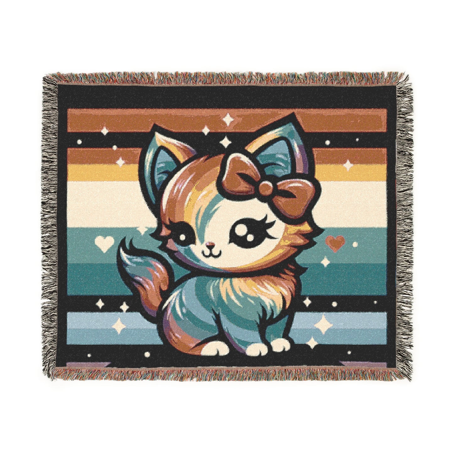 Woven Blanket - Rainbow Kitty with Pink Bow Design