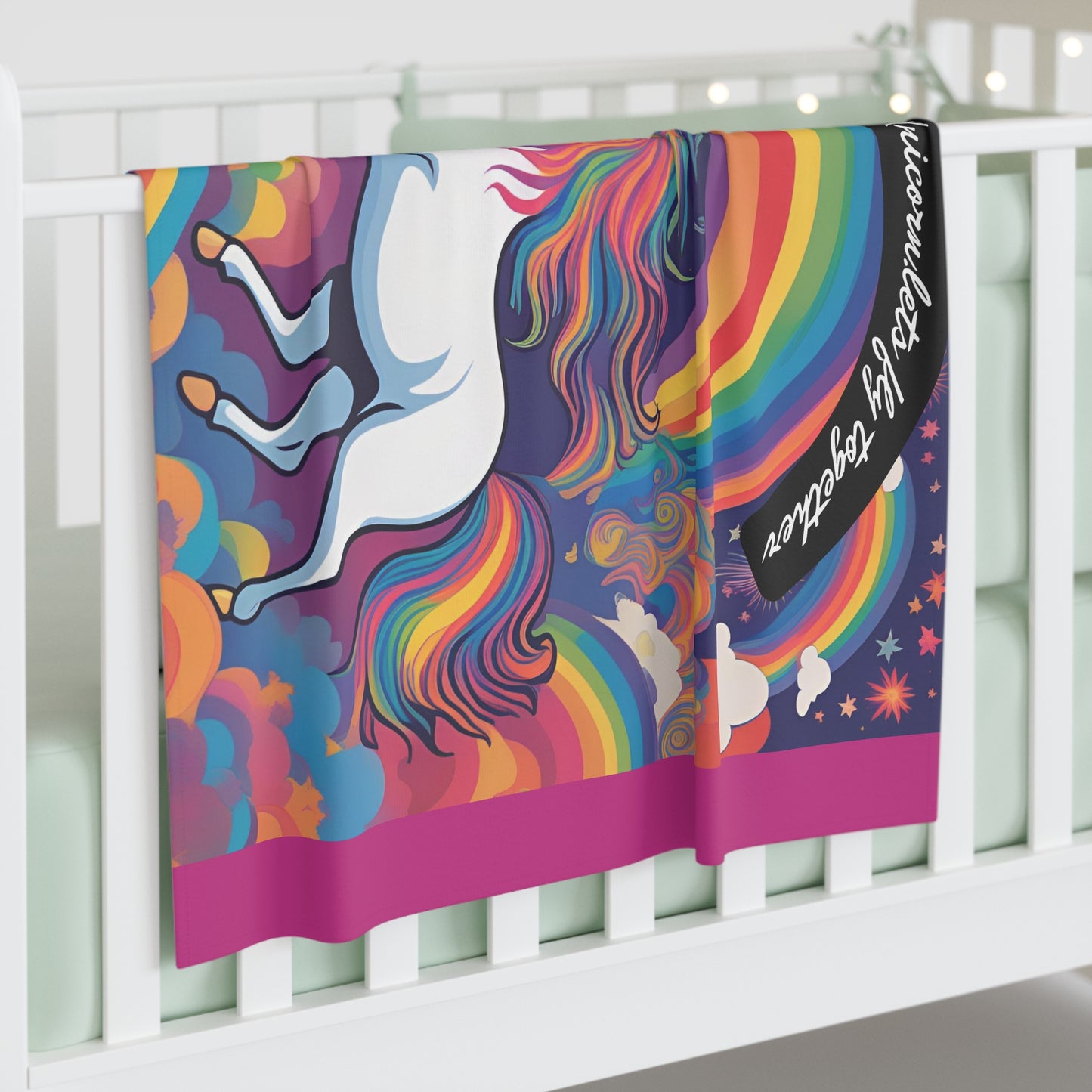 Swaddle Blanket - Rainbow Unicorn Let's Fly Together Design