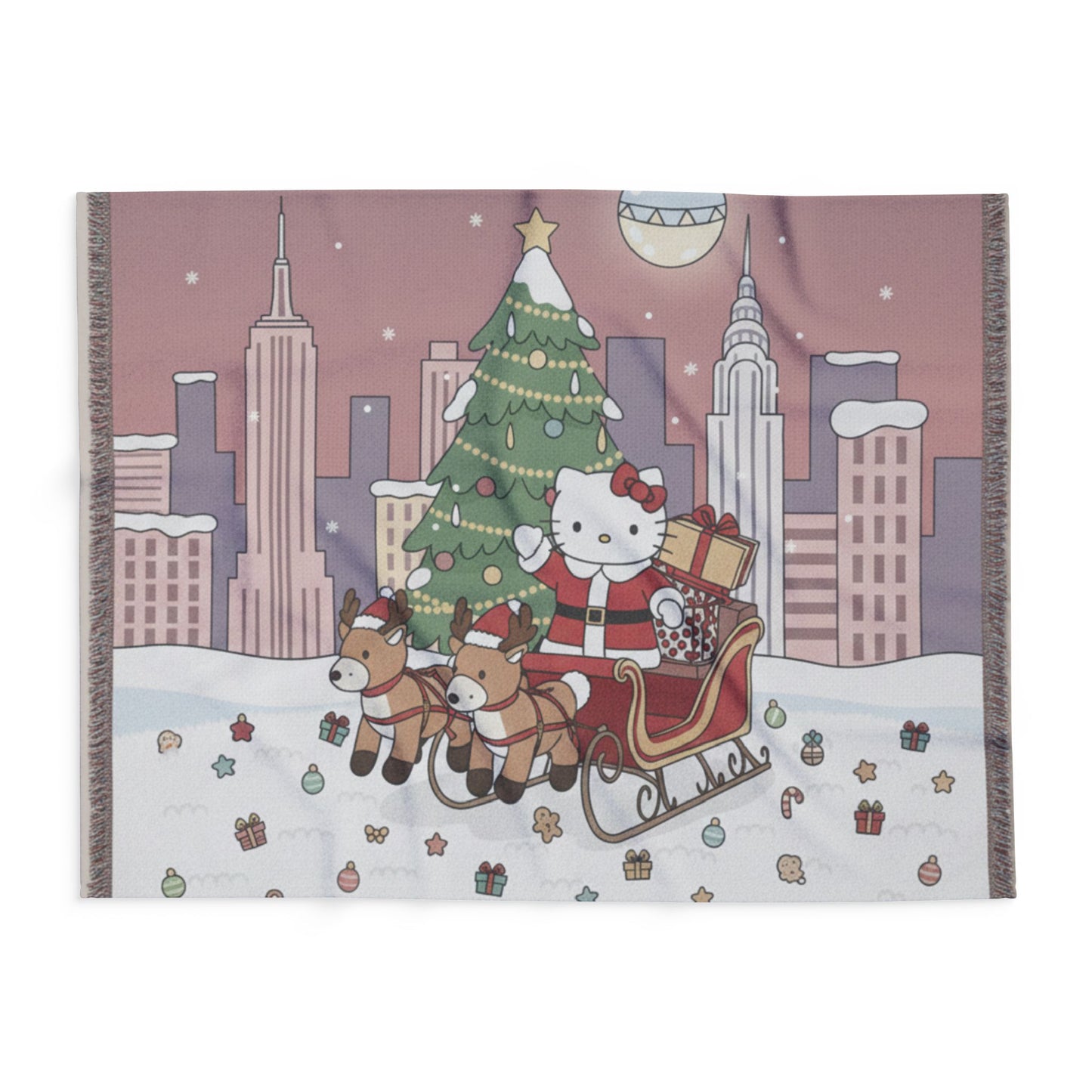 Hello Kitty Santa Sleigh Fleece Blanket – Cute Christmas Tree Holiday Throw