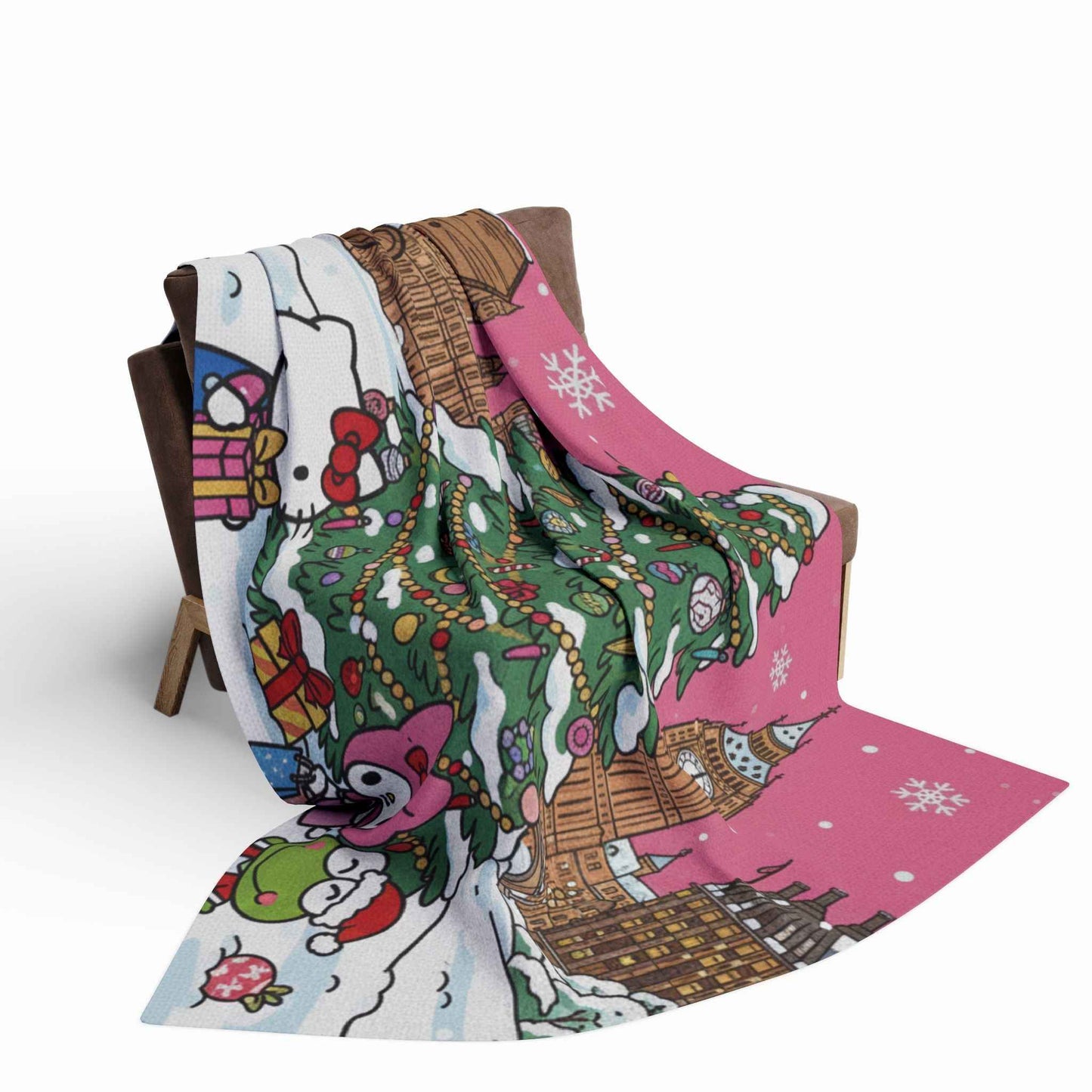 Hello Kitty London Christmas Arctic Fleece Blanket — Cute Holiday Tree & Snowy Big Ben Throw