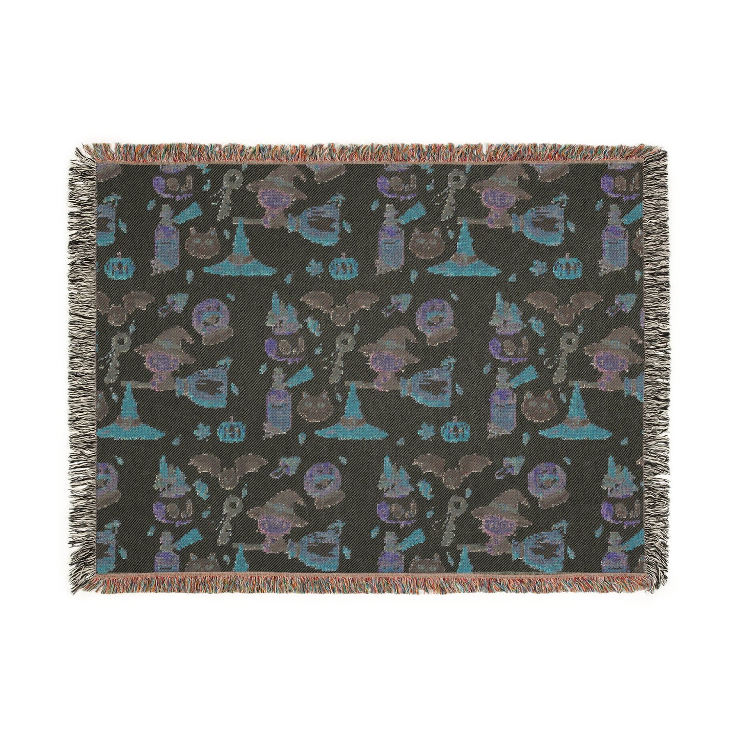 Woven Blanket - Spooky Witchy Frankenstein flyimg broom Design