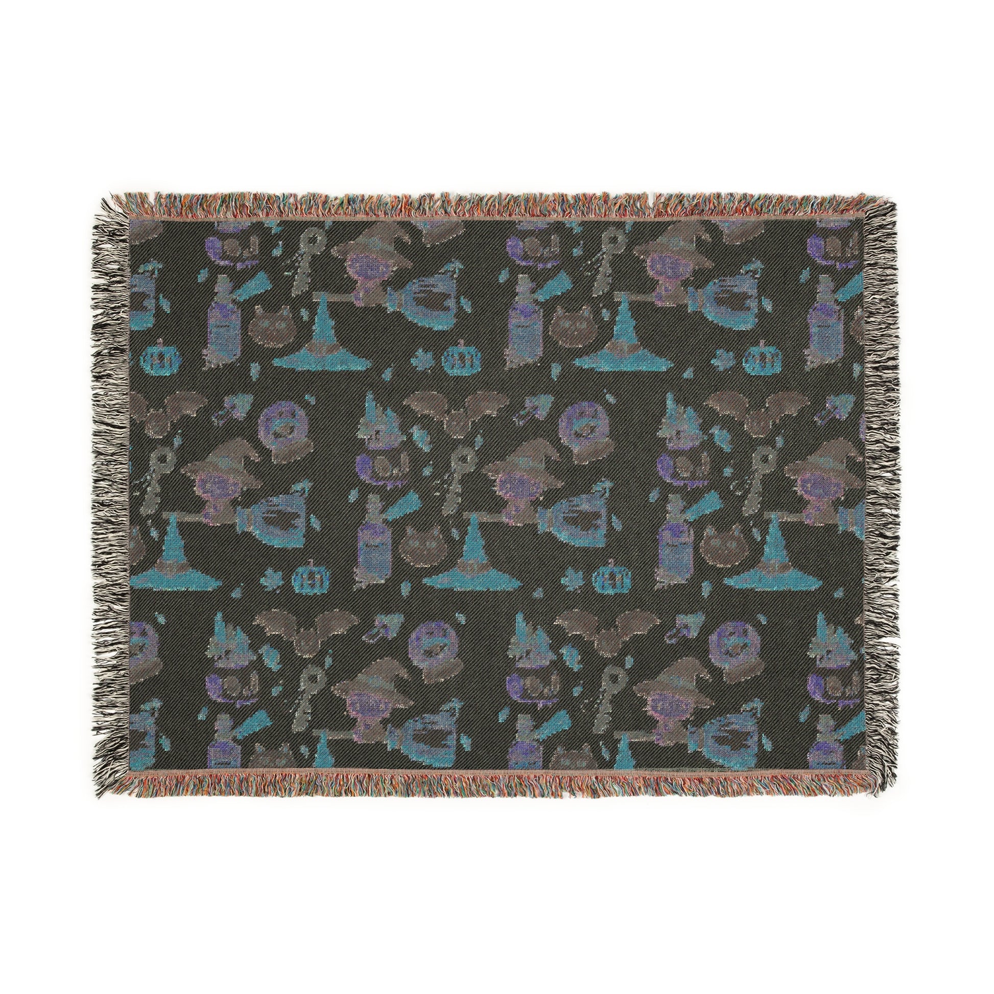 Woven Blanket - Spooky Witchy Frankenstein flyimg broom Design