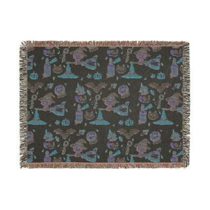 Woven Blanket - Spooky Witchy Frankenstein flyimg broom Design
