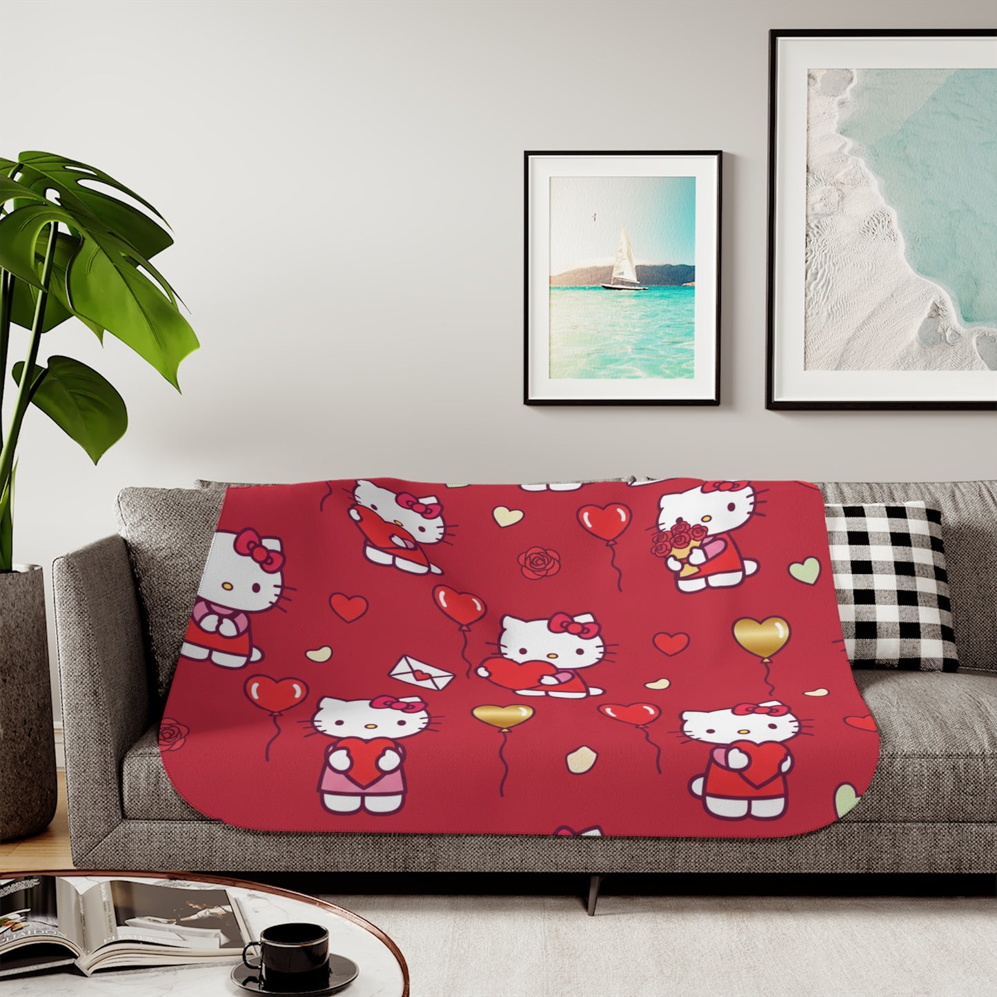 Hello Kitty Valentine Sherpa Blanket — Reversible Red Patterned & Cozy Beige