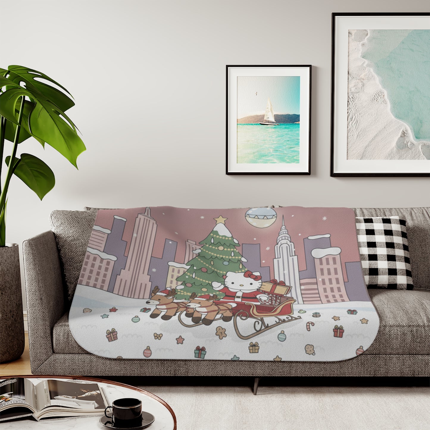 Christmas Kitty Sherpa Blanket — Festive Reindeer Sleigh Throw