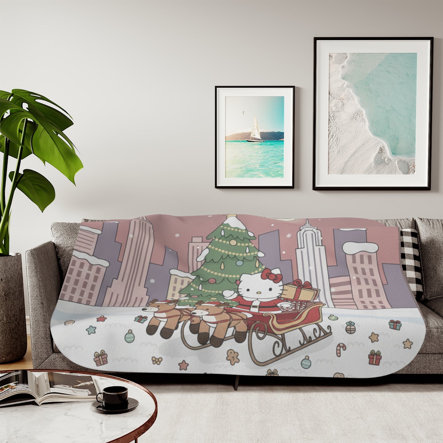 Christmas Kitty Sherpa Blanket — Festive Reindeer Sleigh Throw