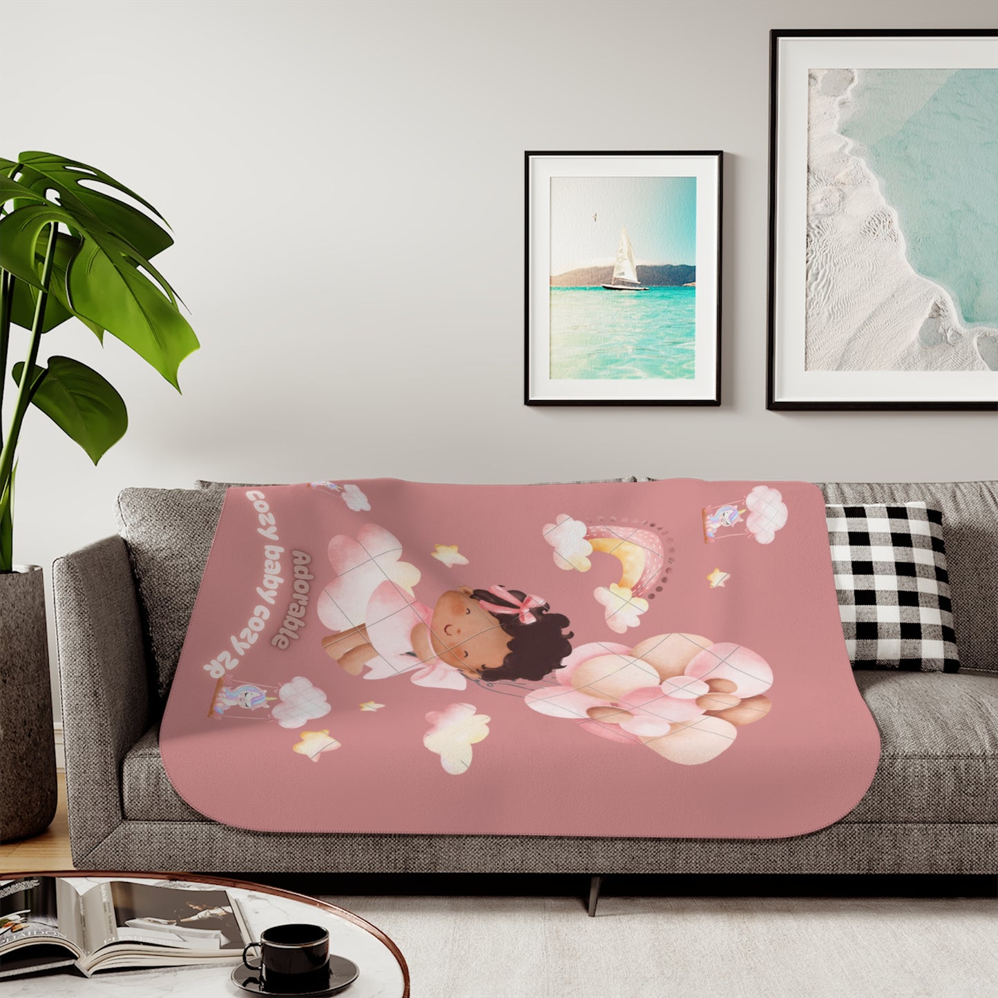 Cozy Sherpa Blanket with Cute Baby Design and unicorns