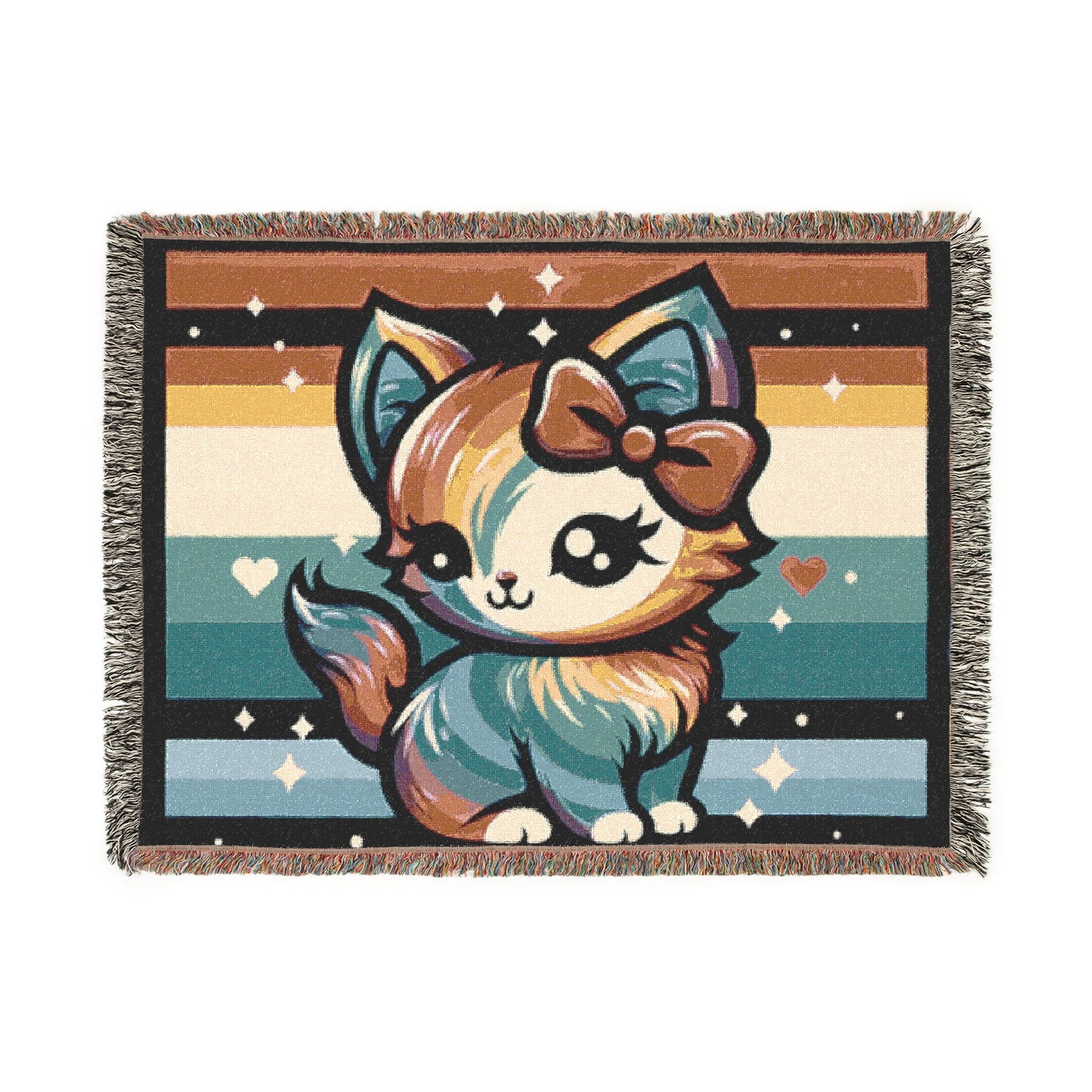 Woven Blanket - Rainbow Kitty with Pink Bow Design