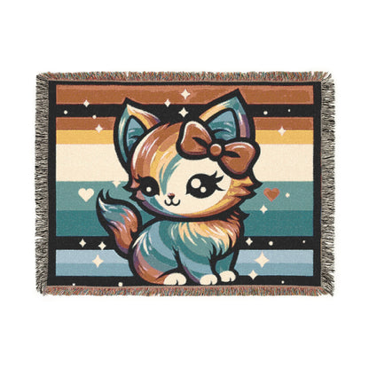 Woven Blanket - Rainbow Kitty with Pink Bow Design