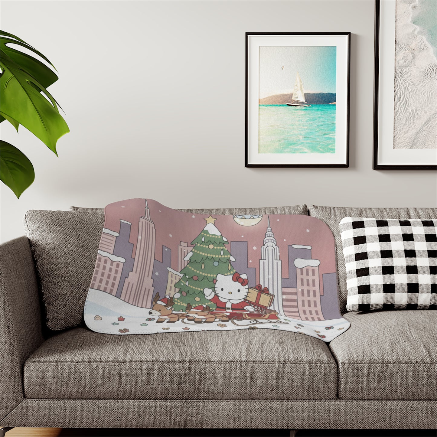 Christmas Kitty Sherpa Blanket — Festive Reindeer Sleigh Throw