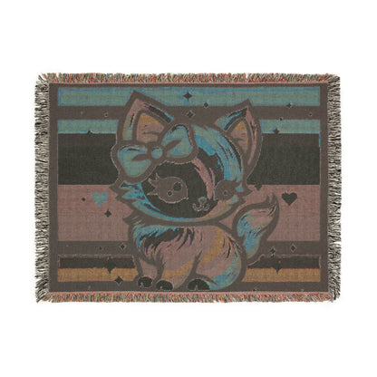 Woven Blanket - Rainbow Kitty with Pink Bow Design