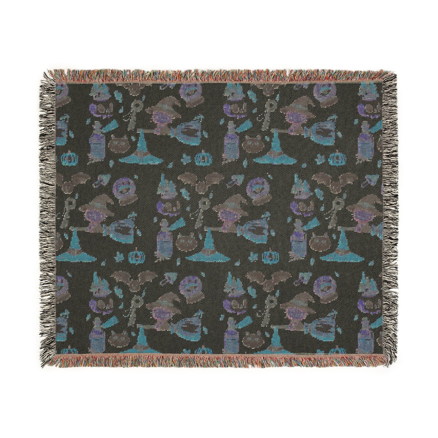 Woven Blanket - Spooky Witchy Frankenstein flyimg broom Design