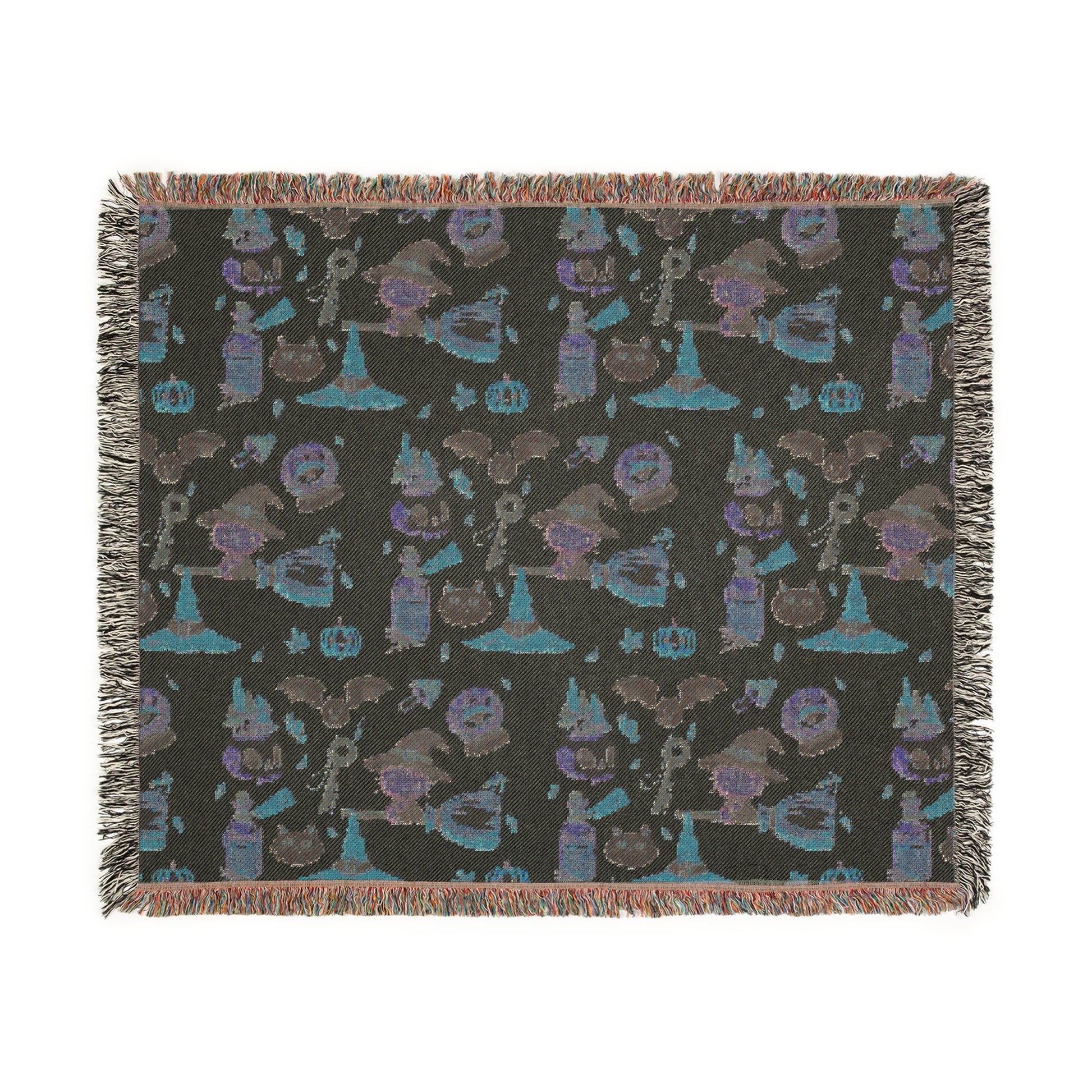 Woven Blanket - Spooky Witchy Frankenstein flyimg broom Design