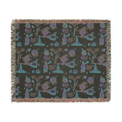 Woven Blanket - Spooky Witchy Frankenstein flyimg broom Design